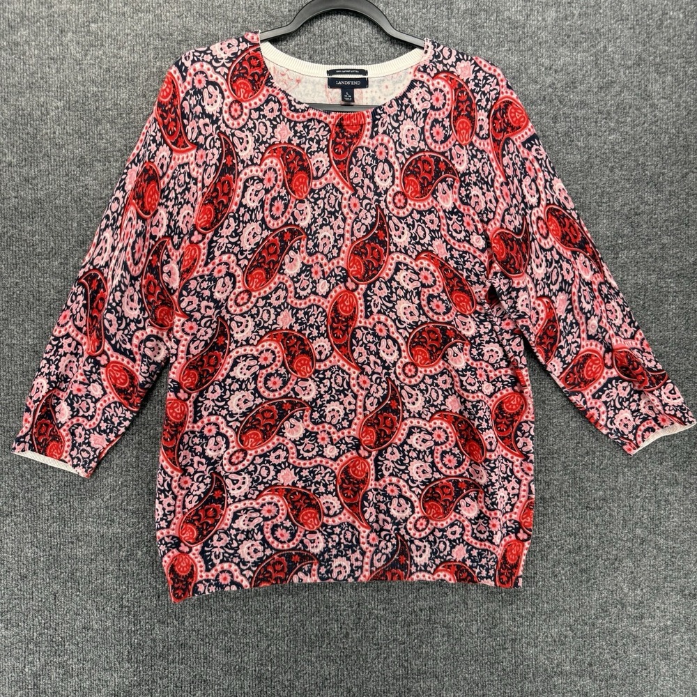 Lands End Sweater Womens L Pink Paisley Round Neck Pullover Supima Cotton Boho